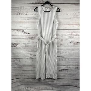 LOFT Jumpsuit Womens 8 White Black Stripe Sleeveless Belted Wide Leg Crop